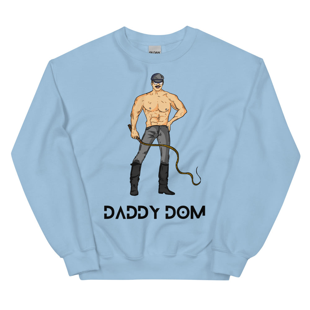 Light blue sweatshirt with a shirtless leather-clad man holding a whip above “DADDY DOM”