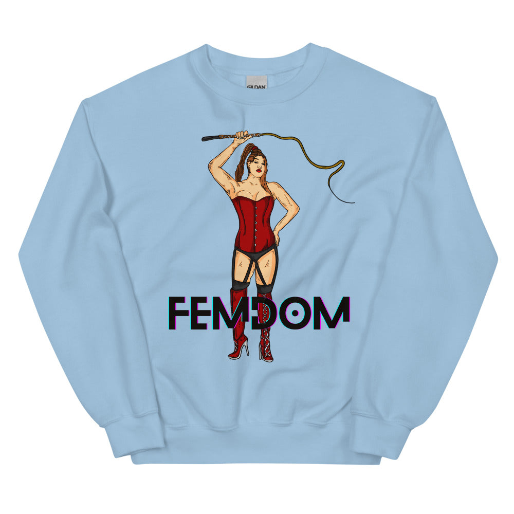 Front view of a light blue sweatshirt with a woman in corset and boots holding a whip above “FEMDOM”