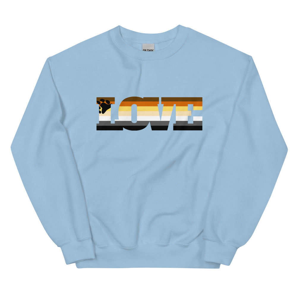 Front view of a light blue sweatshirt with a striped bear-themed “LOVE” graphic