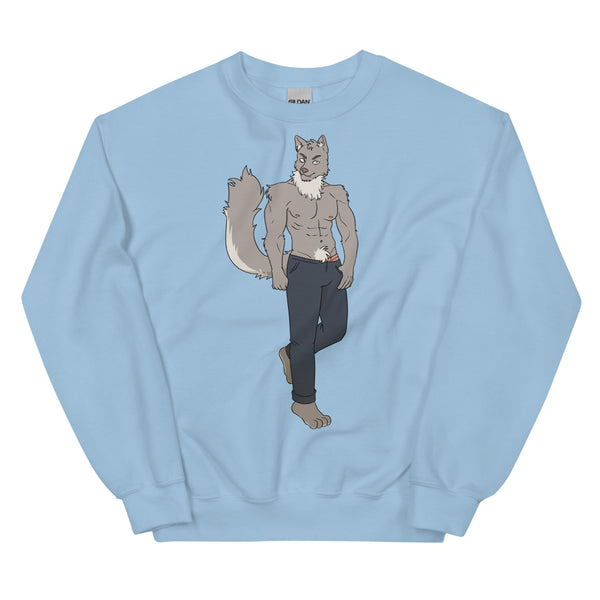 Front view of a light blue sweatshirt with a muscular anthropomorphic wolf graphic