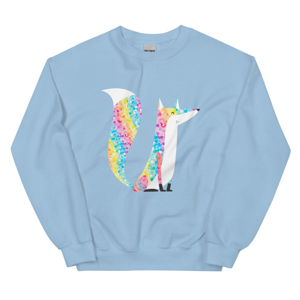 Front-facing light blue sweatshirt with a colorful glitter-style fox graphic