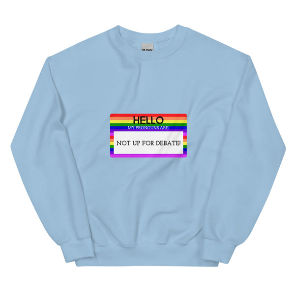 Light Blue Hello My Pronouns Are Not Up For Debate Unisex Sweatshirt by Queer In The World Originals sold by Queer In The World: The Shop - LGBT Merch Fashion
