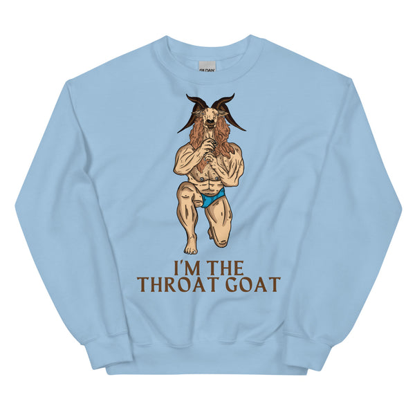 Light blue sweatshirt with a horned goat-man graphic and “I'M THE THROAT GOAT” text