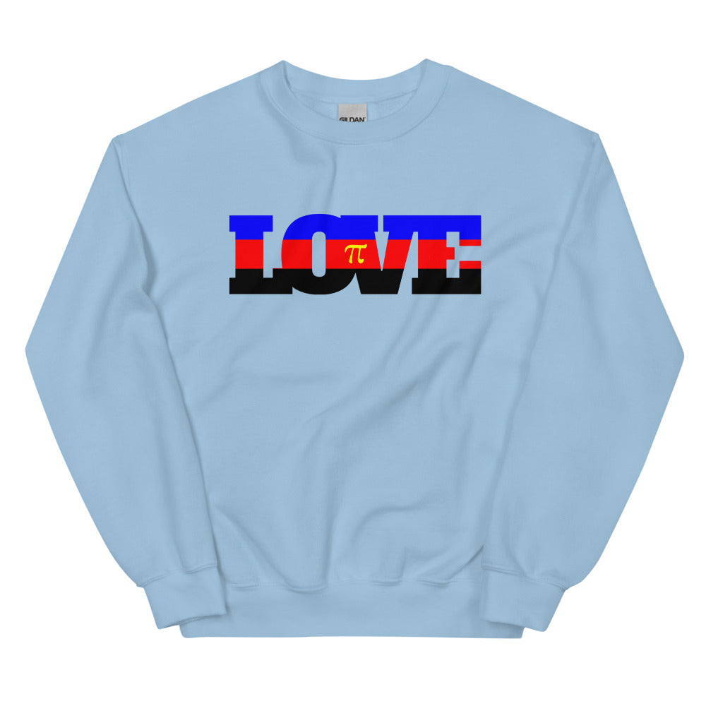 Front view of a light blue sweatshirt with LOVE in blue, red, and black stripes and a pi symbol
