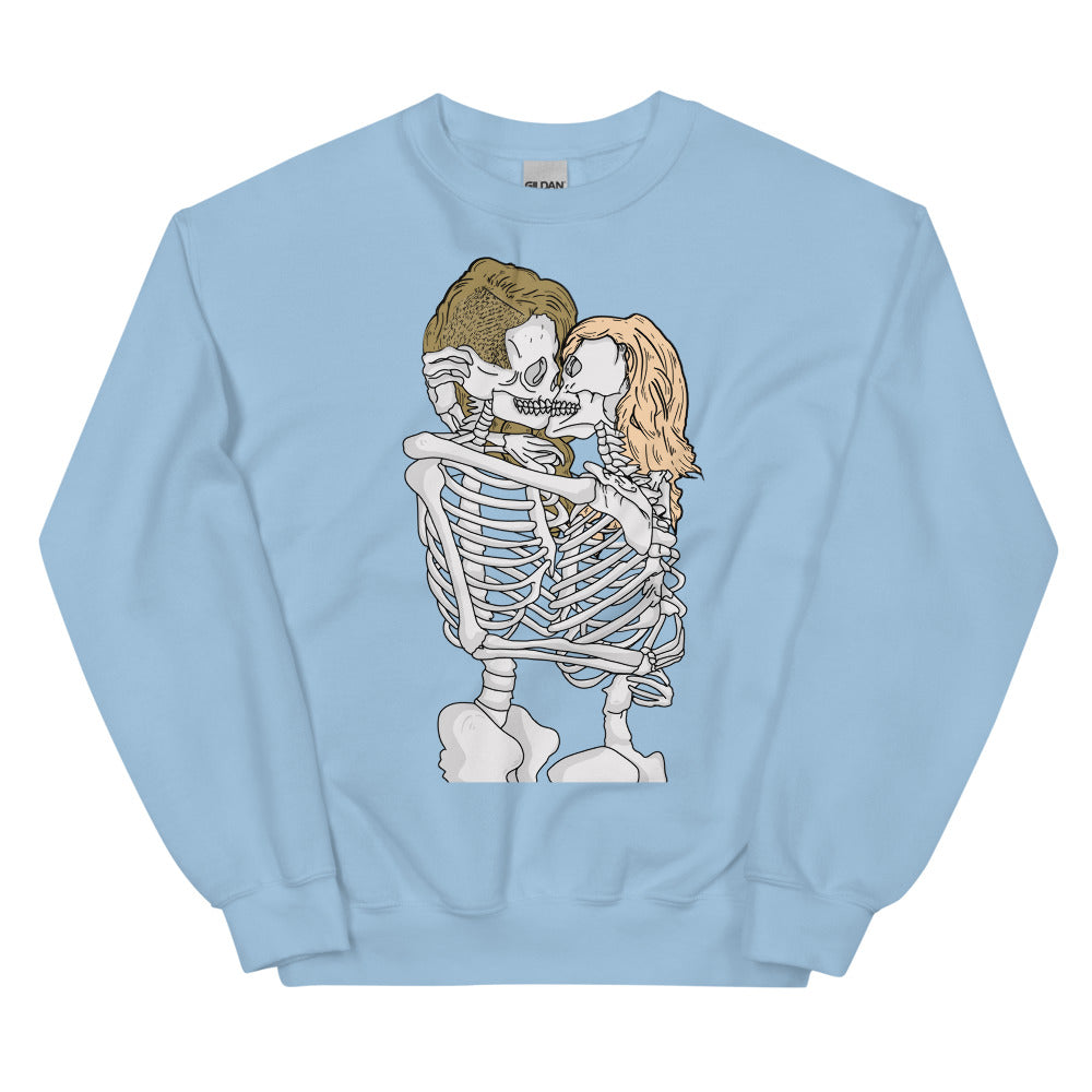 Light blue sweatshirt with an illustration of two skeletons kissing and embracing