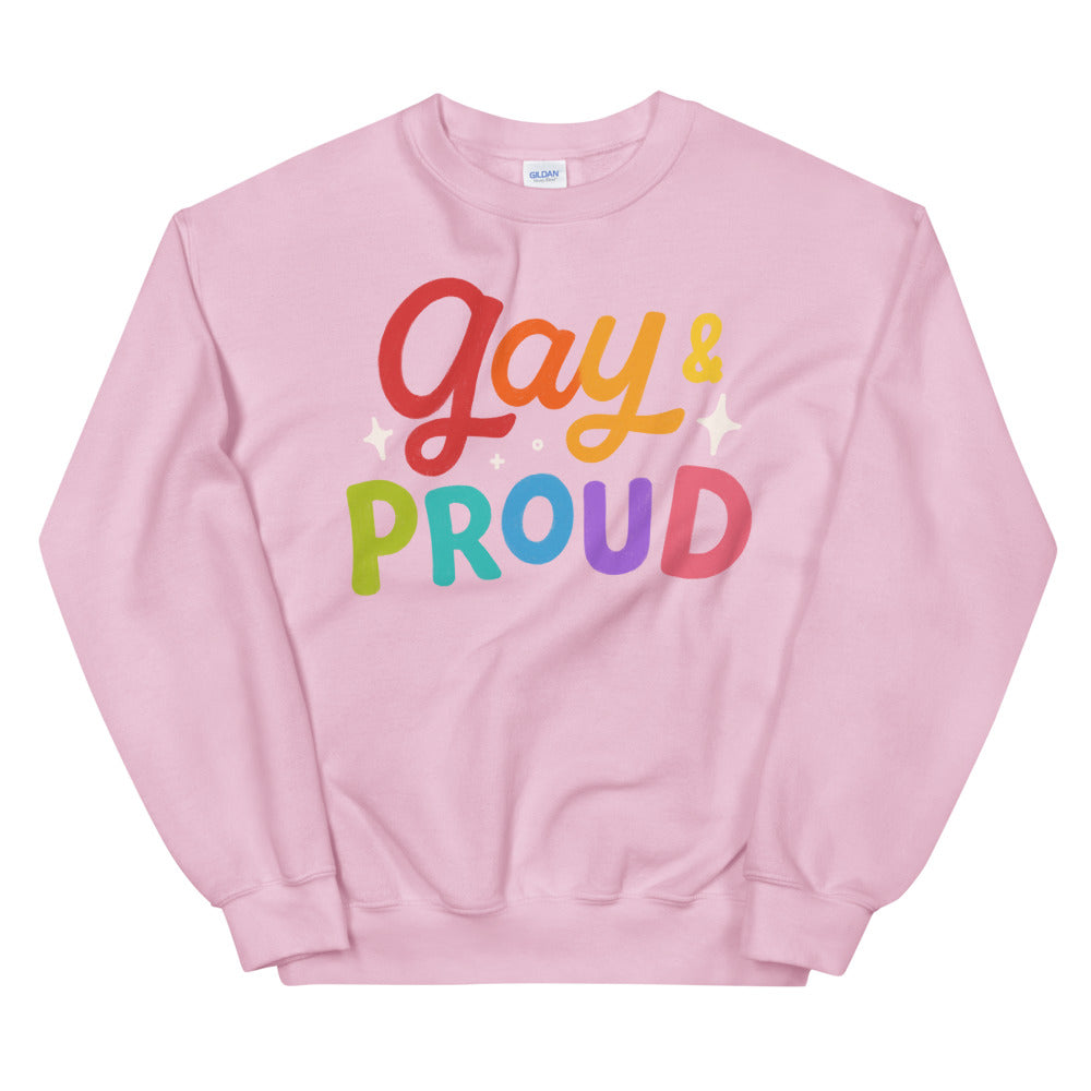 Front view of a pink sweatshirt reading “Gay & Proud” in multicolored letters