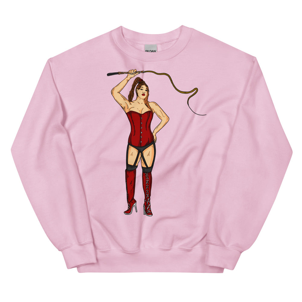 Front view of a pink sweatshirt with a pin-up dominatrix holding a whip