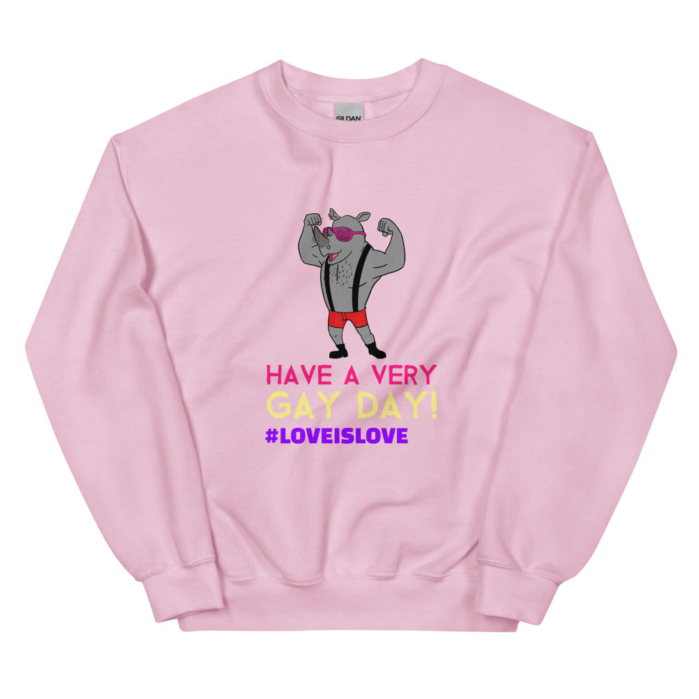 Front view of a pink sweatshirt reading “Have a Very Gay Day!” with a flexing cartoon cat