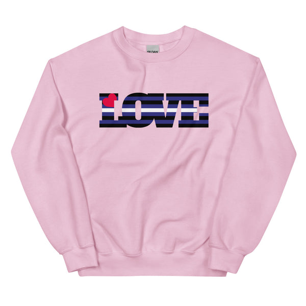 Flat-lay pink sweatshirt with striped leather-style “LOVE” graphic and red heart