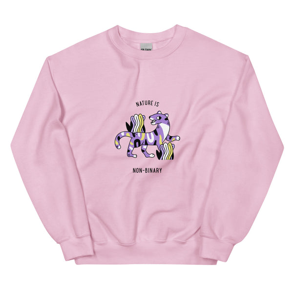 Front view of a pink sweatshirt reading “NATURE IS NON-BINARY” with a colorful animal graphic