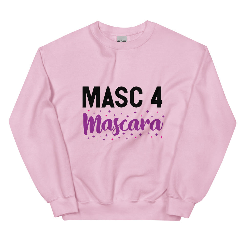 Front view of a pink sweatshirt reading “MASC 4 Mascara” in black and purple