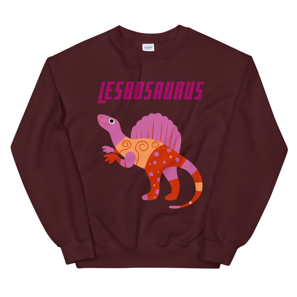 Maroon sweatshirt with pink “LESBOSAURUS” text and colorful dinosaur graphic
