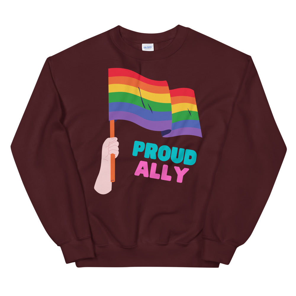 Burgundy sweatshirt with rainbow Pride flag graphic and “PROUD ALLY” text