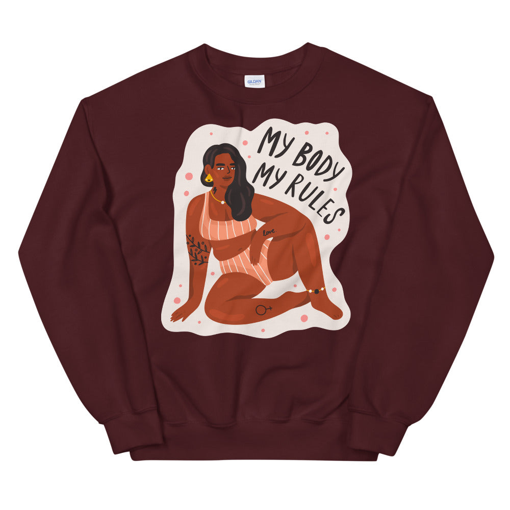 Maroon sweatshirt with “My Body My Rules” text and illustrated seated woman
