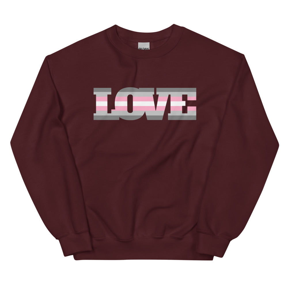 Front view of a maroon sweatshirt with striped pink-and-gray LOVE lettering