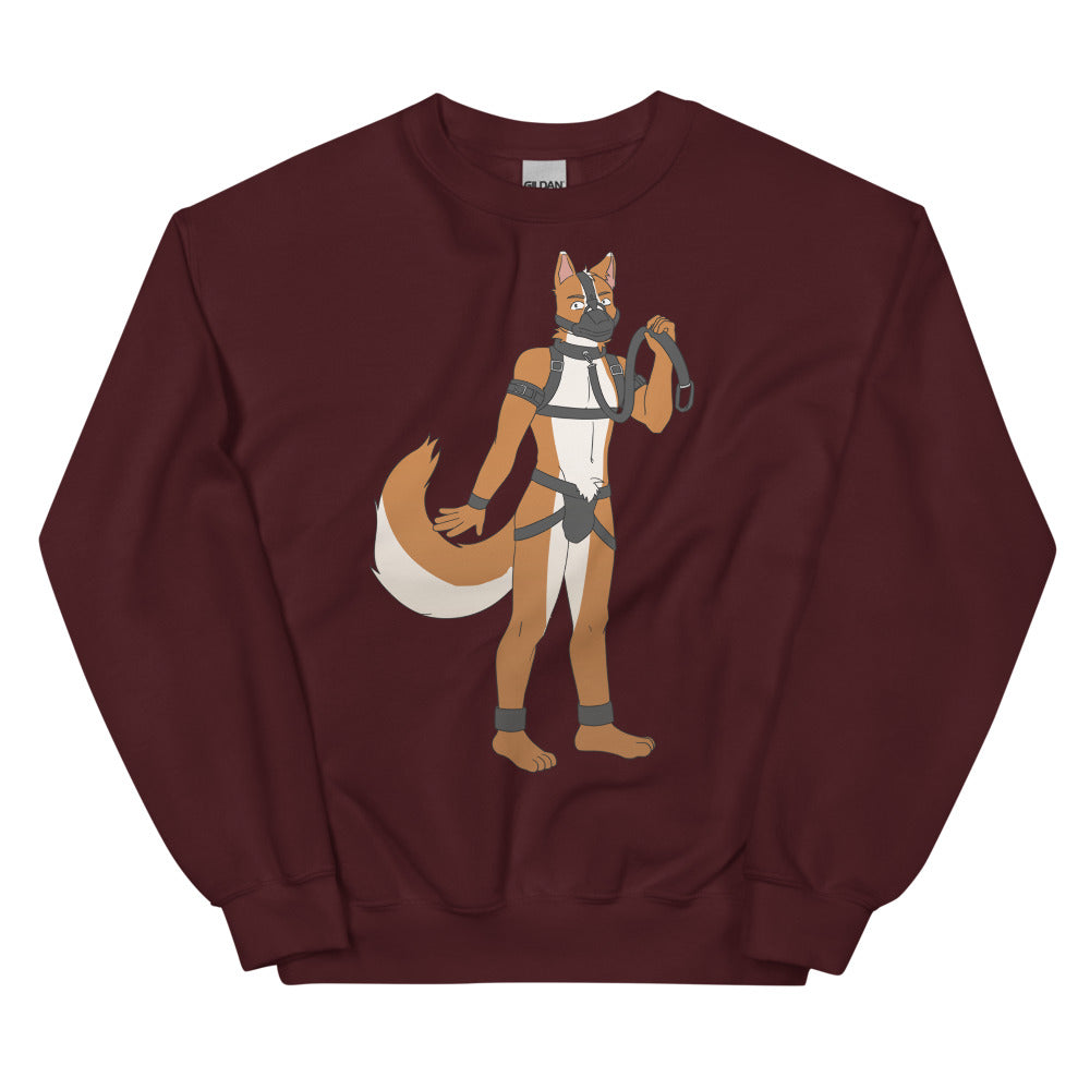 Front view of a maroon sweatshirt with an illustrated anthropomorphic pup in harness gear