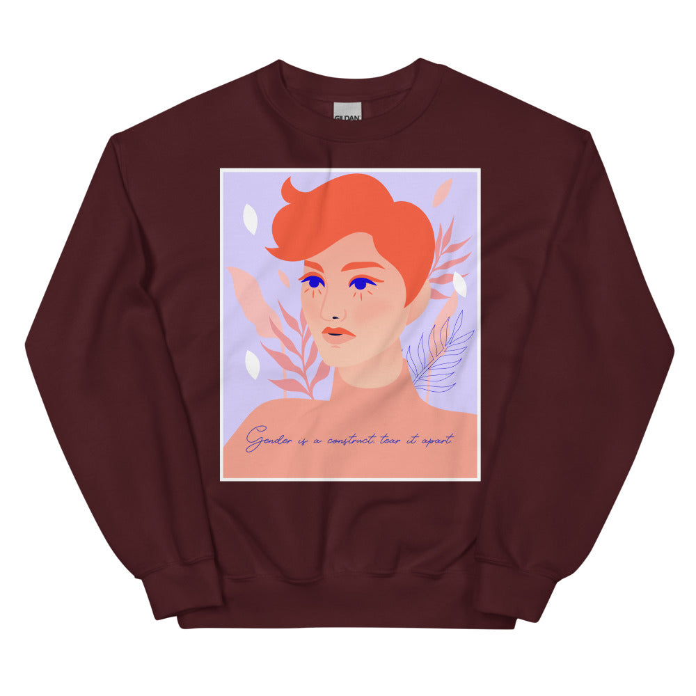 Maroon crewneck sweatshirt with a portrait graphic and “Gender is a construct tear it apart” text