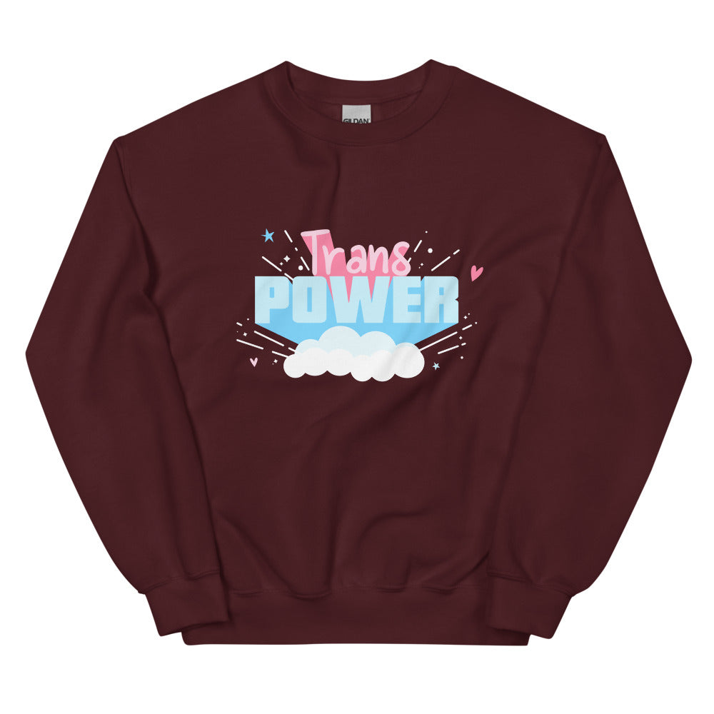 Front view of a maroon sweatshirt reading “Trans POWER” above white clouds