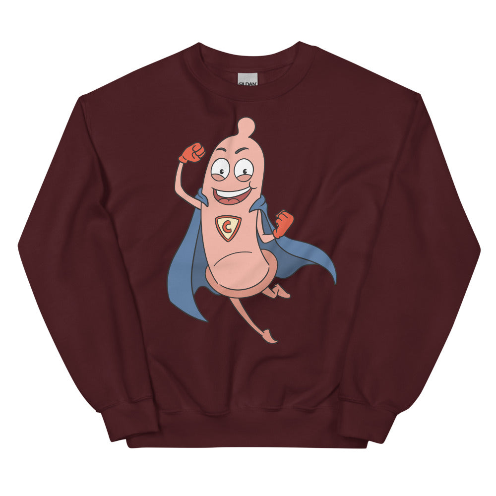 Maroon crewneck sweatshirt with a smiling cartoon condom superhero graphic