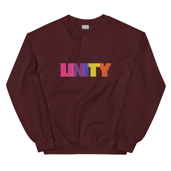 Front view of a maroon sweatshirt with colorful block letters spelling “UNITY”