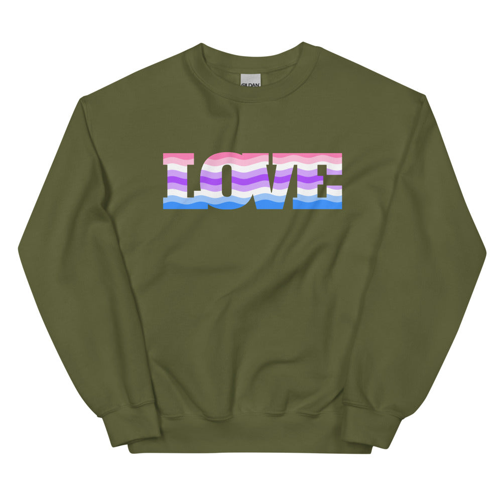 Olive green crewneck sweatshirt with colorful wavy-striped LOVE graphic