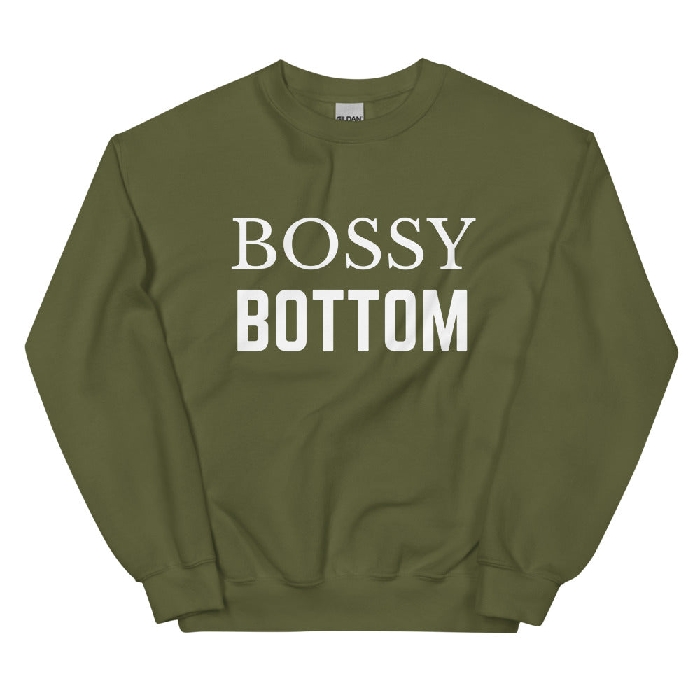 Front view of an olive-green sweatshirt reading “BOSSY BOTTOM” in white letters
