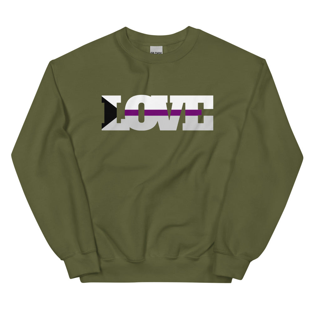 Front-facing olive-green sweatshirt with bold white “LOVE” lettering and a purple stripe