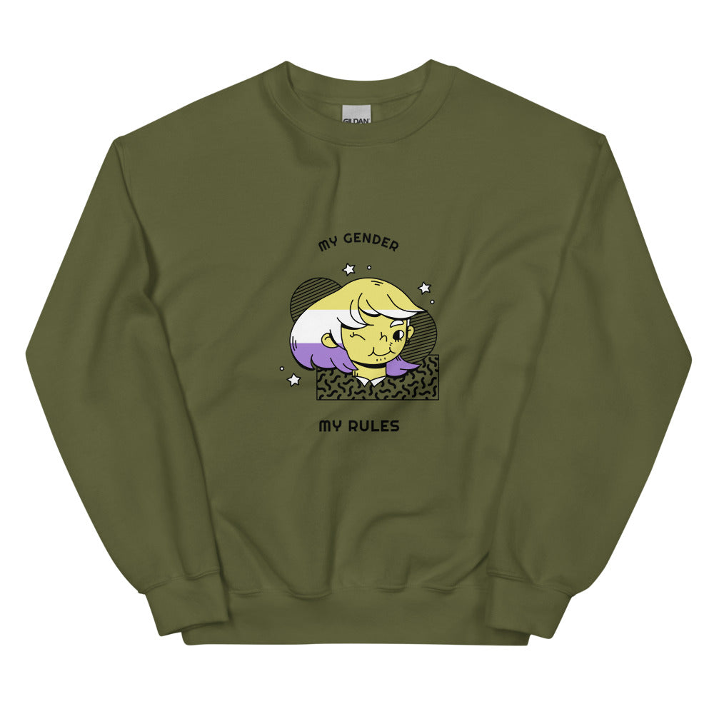Olive green sweatshirt with “MY GENDER MY RULES” text and a cartoon face graphic
