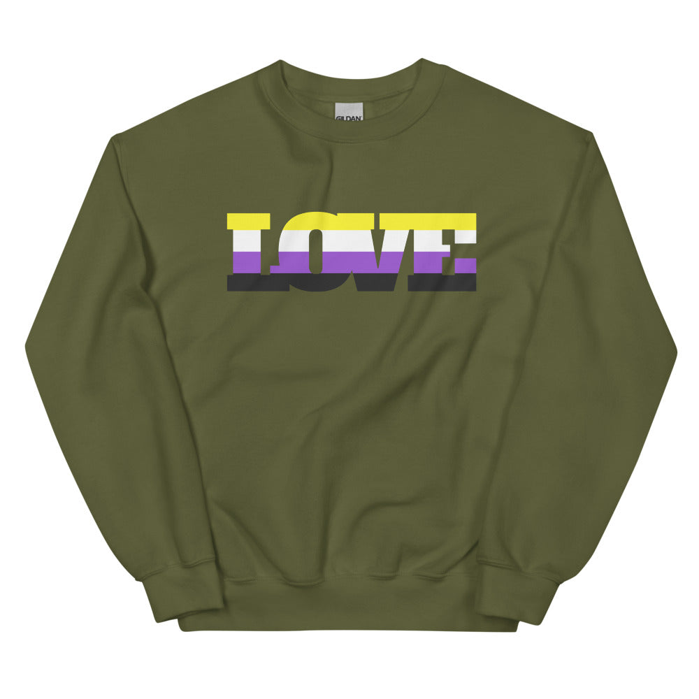 Military Green Non-Binary Love Unisex Sweatshirt by Printful sold by Queer In The World: The Shop - LGBT Merch Fashion