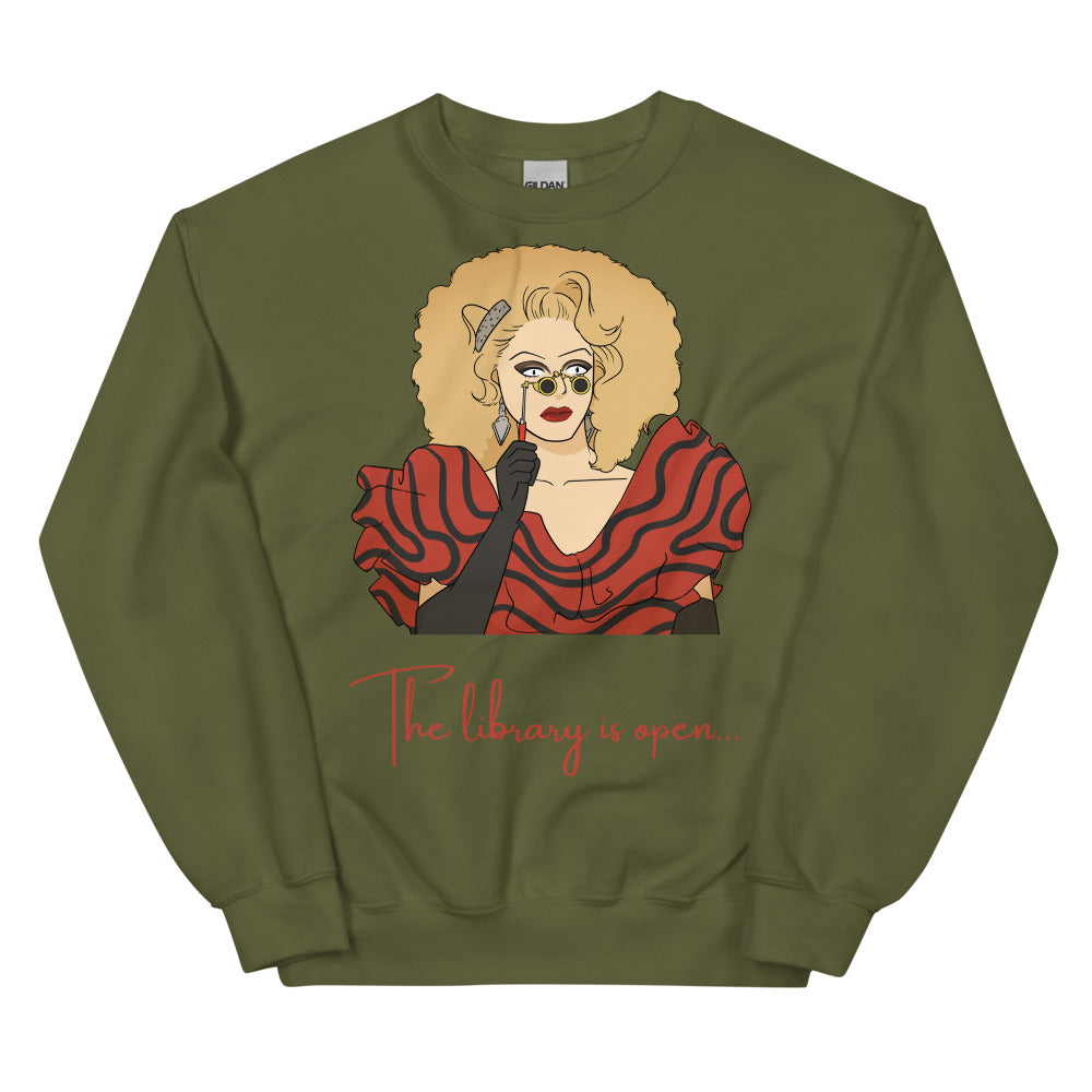 Olive sweatshirt featuring an illustrated performer and red script reading “The library is open...”