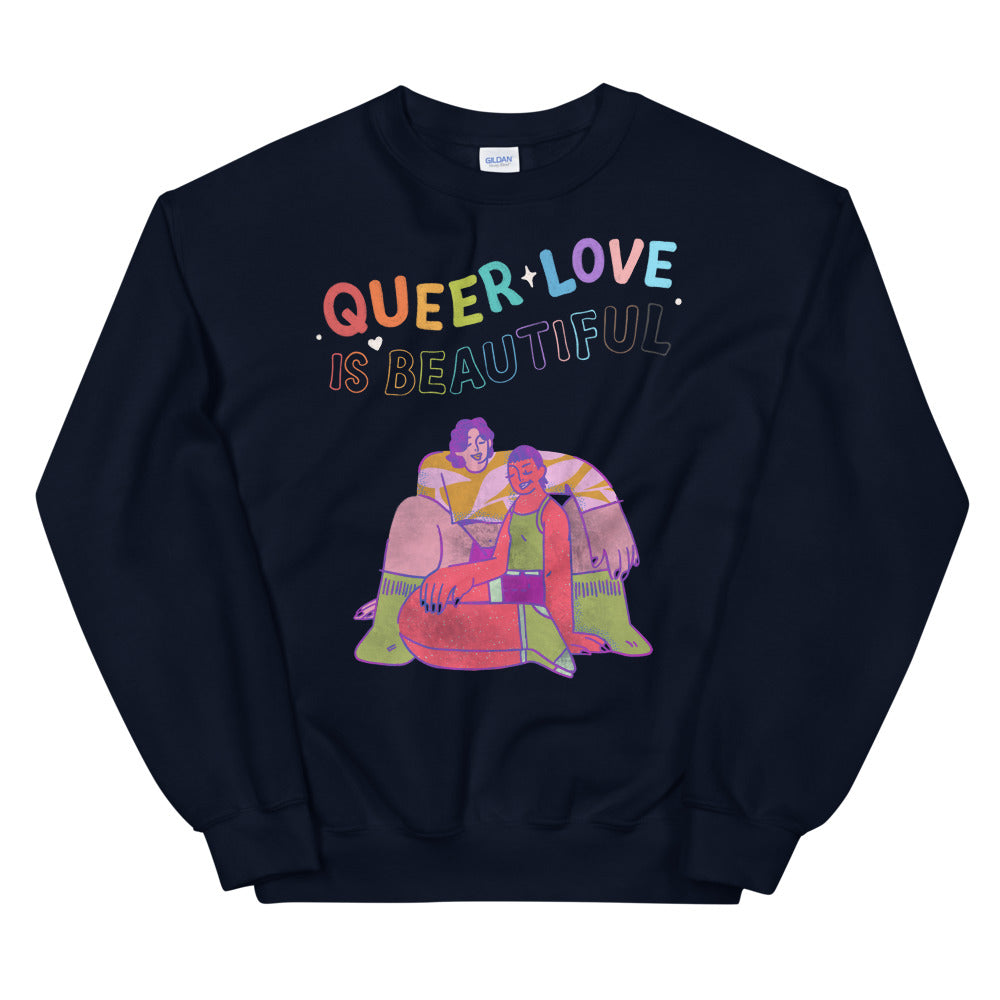 Navy crewneck sweatshirt reading “QUEER LOVE IS BEAUTIFUL,” with a colorful embracing couple graphic