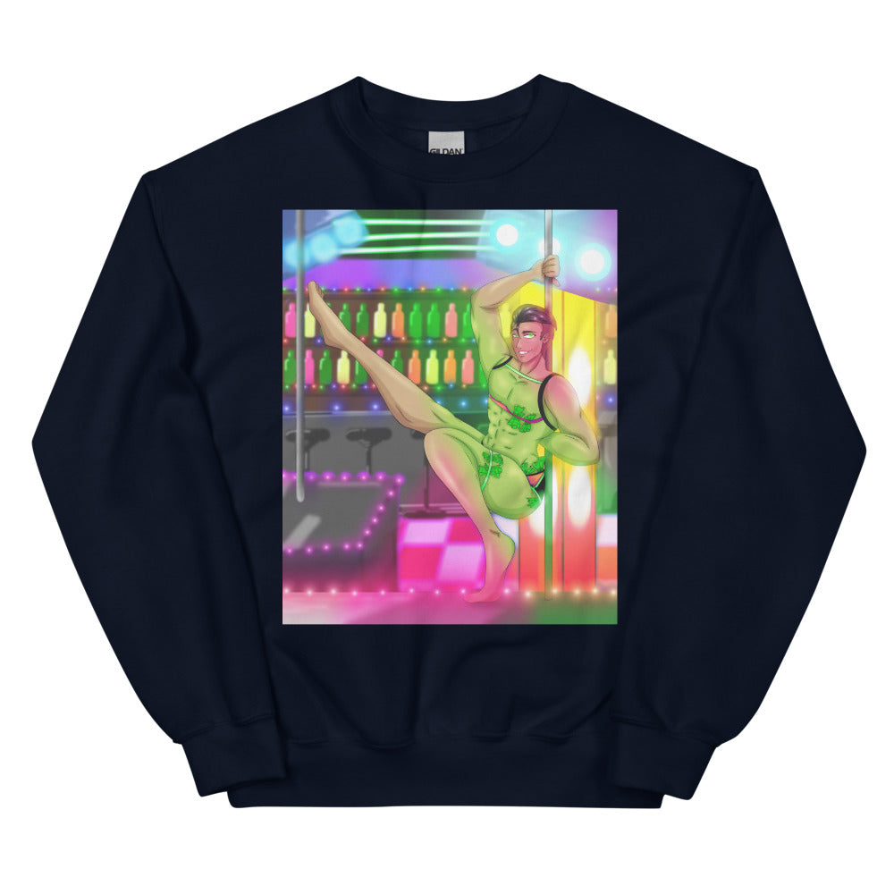 Navy sweatshirt with an illustration of a green-clad male pole dancer in a neon bar