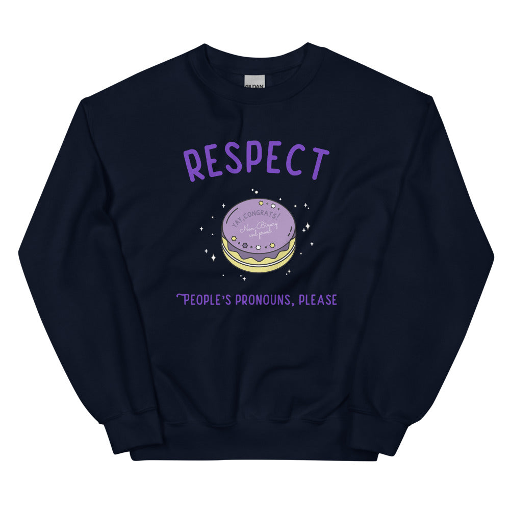 Front view of a navy sweatshirt reading “RESPECT PEOPLE’S PRONOUNS, PLEASE” with a decorated cake graphic