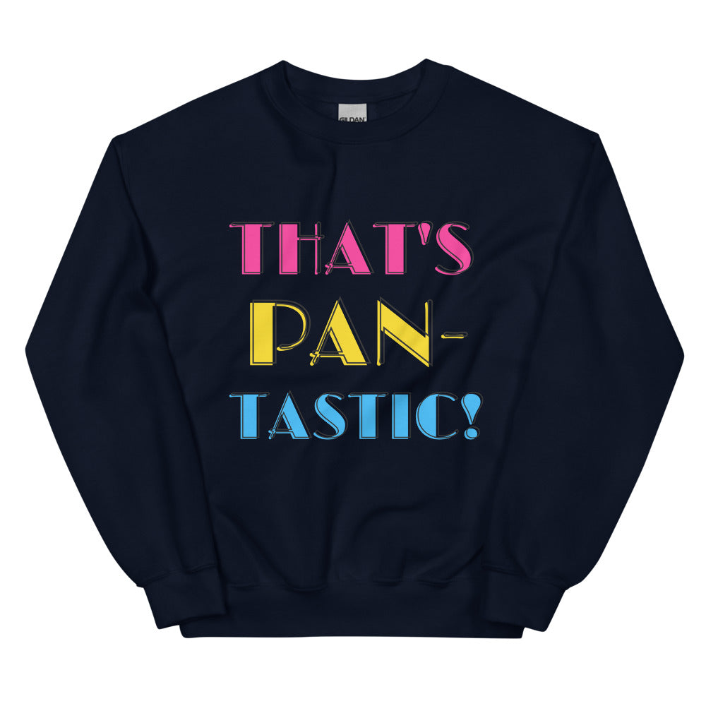 Navy crewneck sweatshirt with colorful “THAT’S PAN-TASTIC!” chest lettering