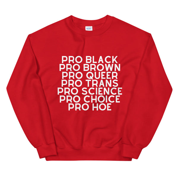 Red sweatshirt with white text reading “PRO BLACK PRO BROWN PRO QUEER PRO TRANS PRO SCIENCE PRO CHOICE PRO HOE”
