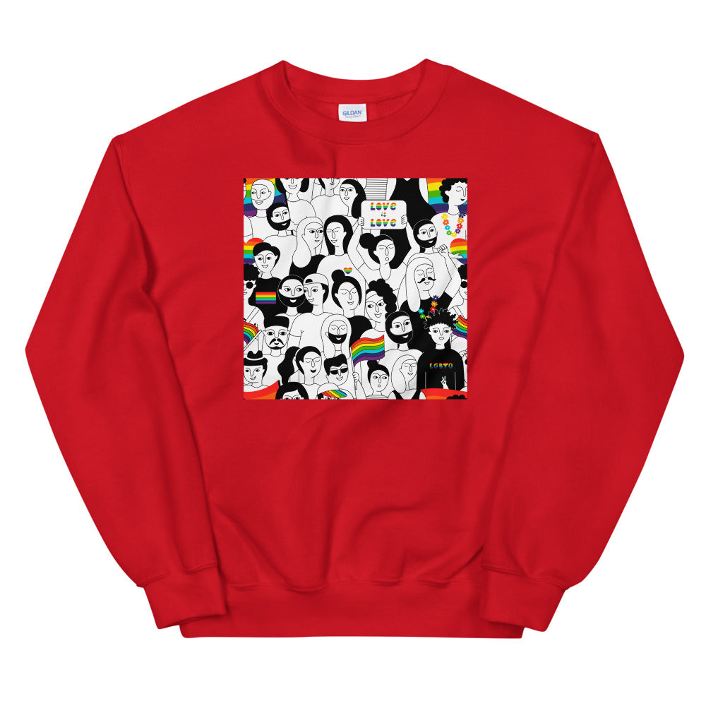 Front view of a red sweatshirt with a colorful illustrated Pride portrait panel
