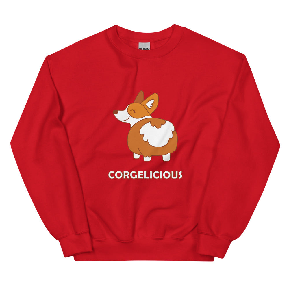 Red sweatshirt with a cartoon corgi and “CORGELICIOUS” printed below