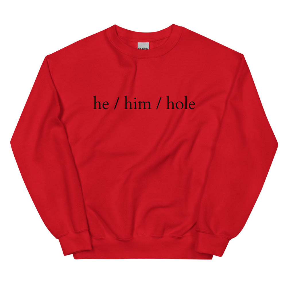Red He / Him / Hole Unisex Sweatshirt by Printful sold by Queer In The World: The Shop - LGBT Merch Fashion