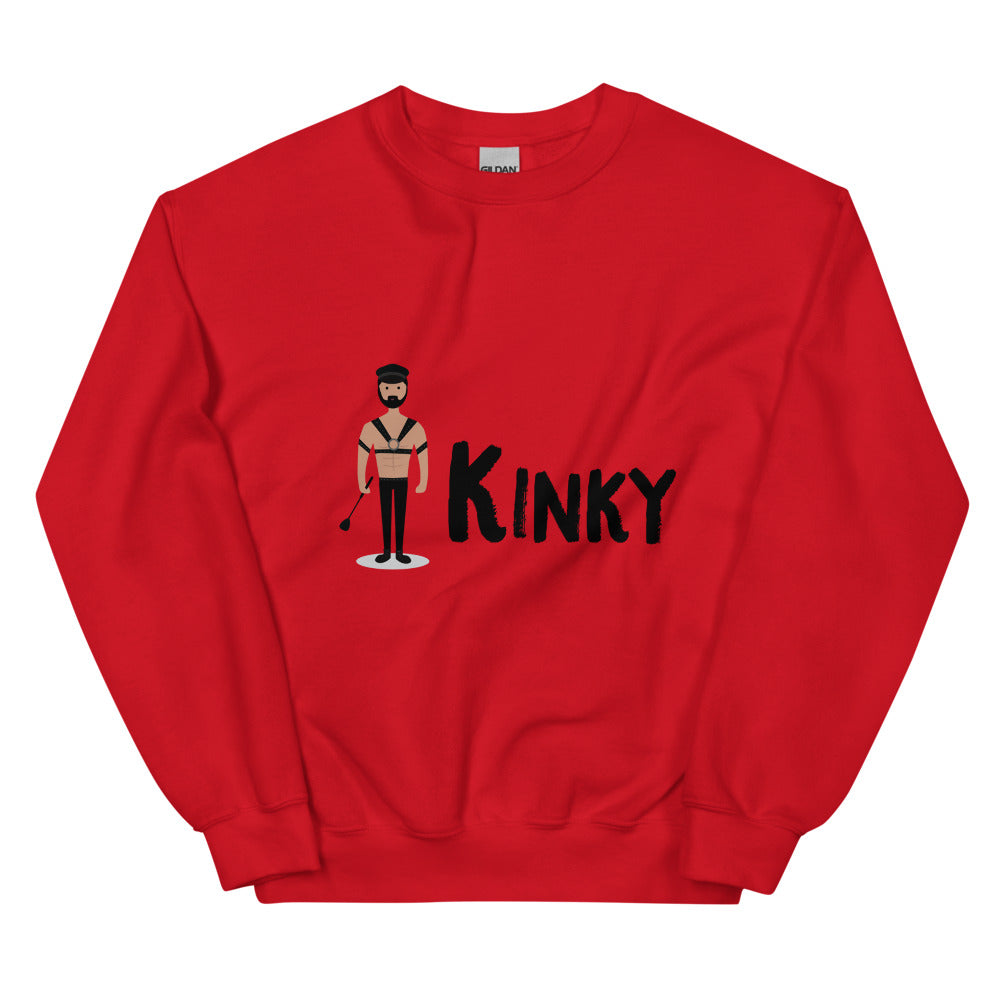 Red crewneck sweatshirt with a leather-clad figure and bold black “KINKY” lettering
