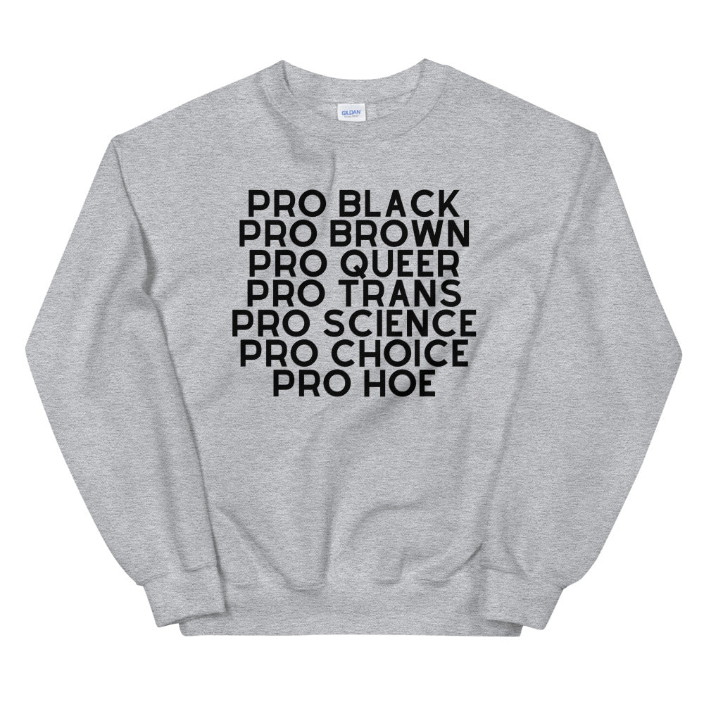 Gray unisex sweatshirt with stacked black text: “PRO BLACK PRO BROWN PRO QUEER PRO TRANS PRO SCIENCE PRO CHOICE PRO HOE”