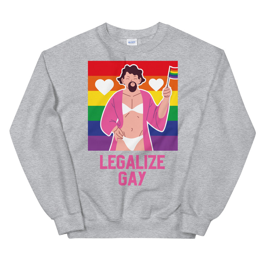 Gray sweatshirt with rainbow illustration of a bearded person in briefs and pink “LEGALIZE GAY” text