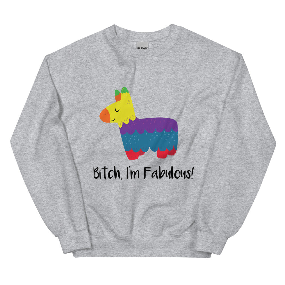 Sport-gray sweatshirt with a colorful llama and the words “Bitch, I’m Fabulous!”