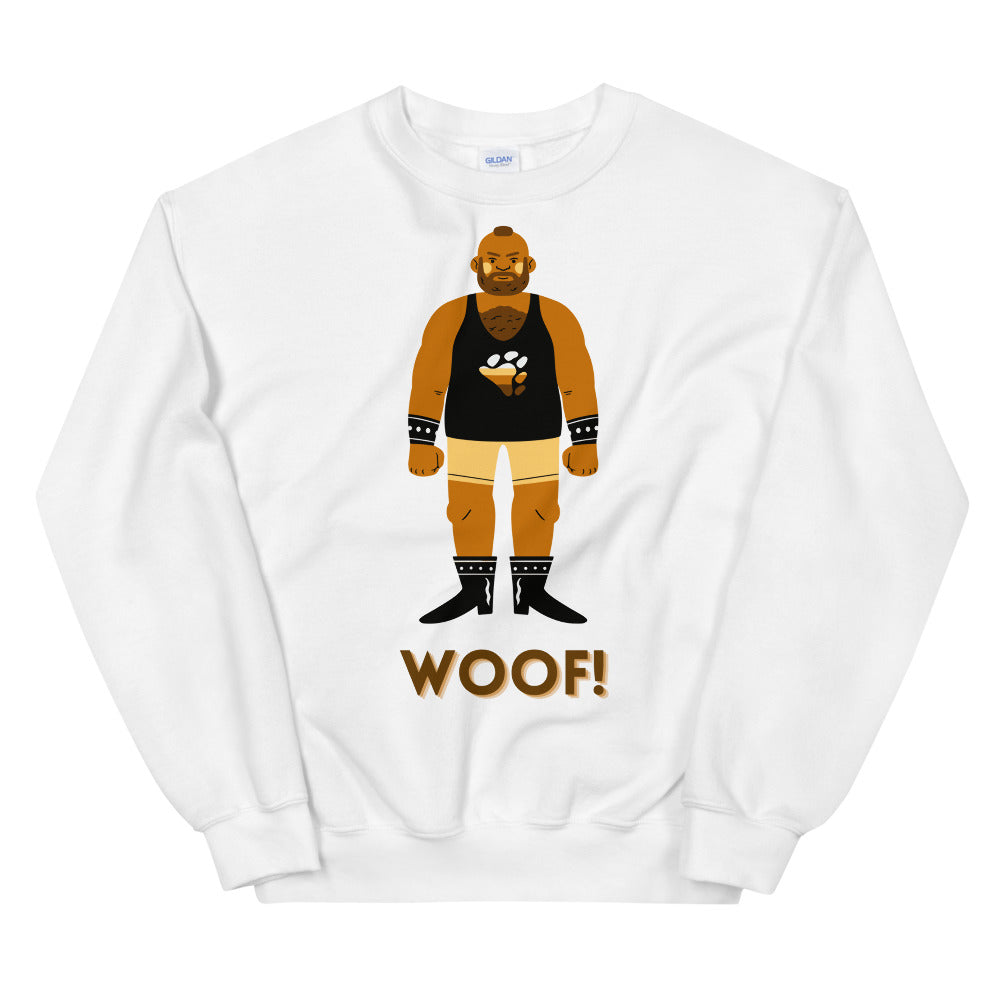 Front view of a white sweatshirt with a bear in leather gear and “WOOF!” text
