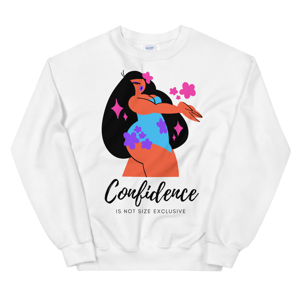 White sweatshirt with colorful floral figure and the words “Confidence Is Not Size Exclusive”