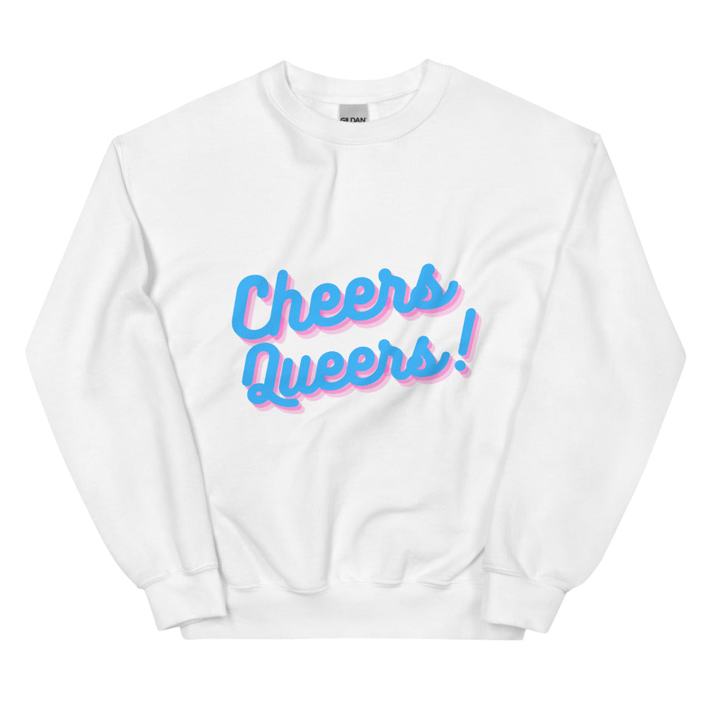Front view of a white sweatshirt reading “Cheers Queers!” in blue and pink lettering
