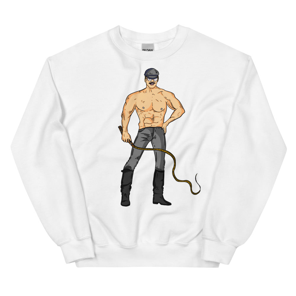 Front view of a white sweatshirt with a shirtless mustached man holding a leather whip