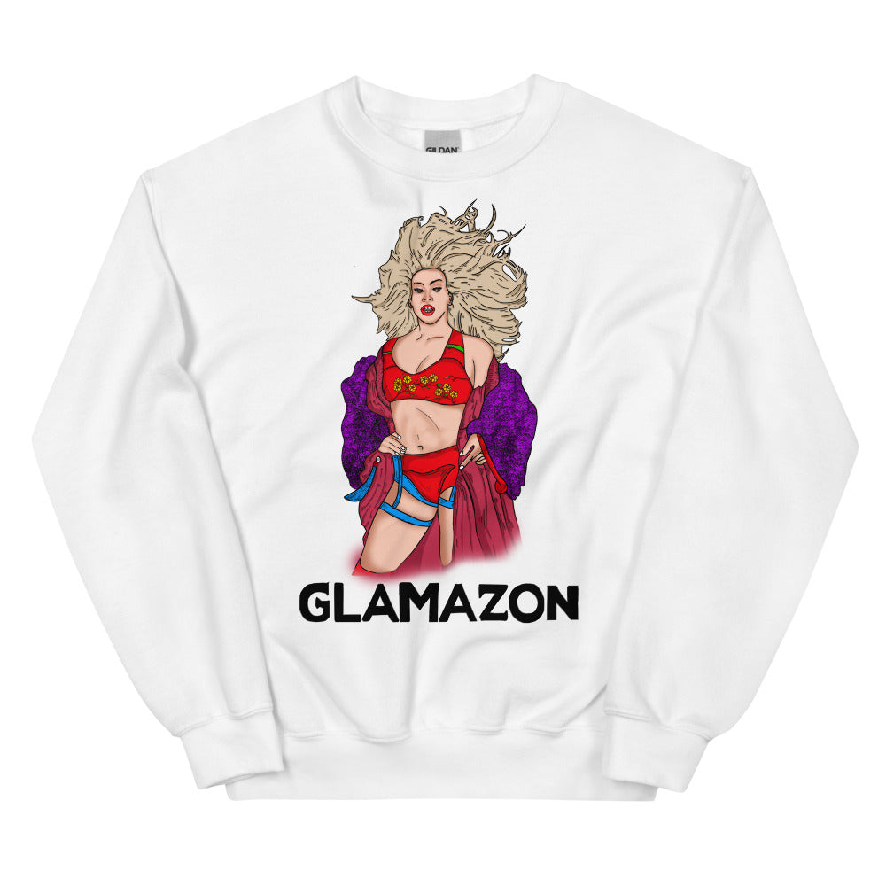White sweatshirt with a colorful glamorous woman illustration and “GLAMAZON” text