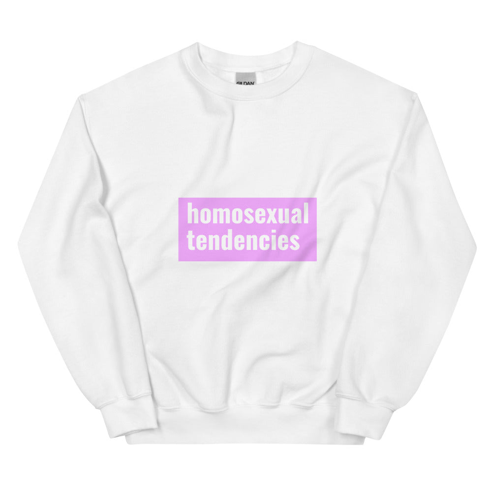 Front view of a white sweatshirt reading “homosexual tendencies” in white on a pink rectangle