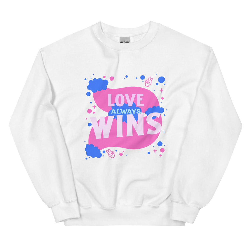 Front view of a white sweatshirt reading “LOVE ALWAYS WINS” in pink and blue