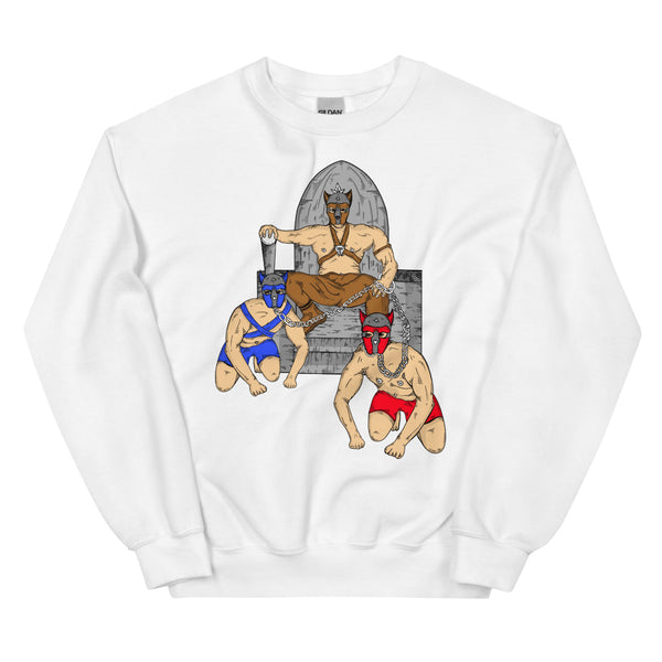 White sweatshirt with a three-person pup-play illustration in leather masks and harnesses